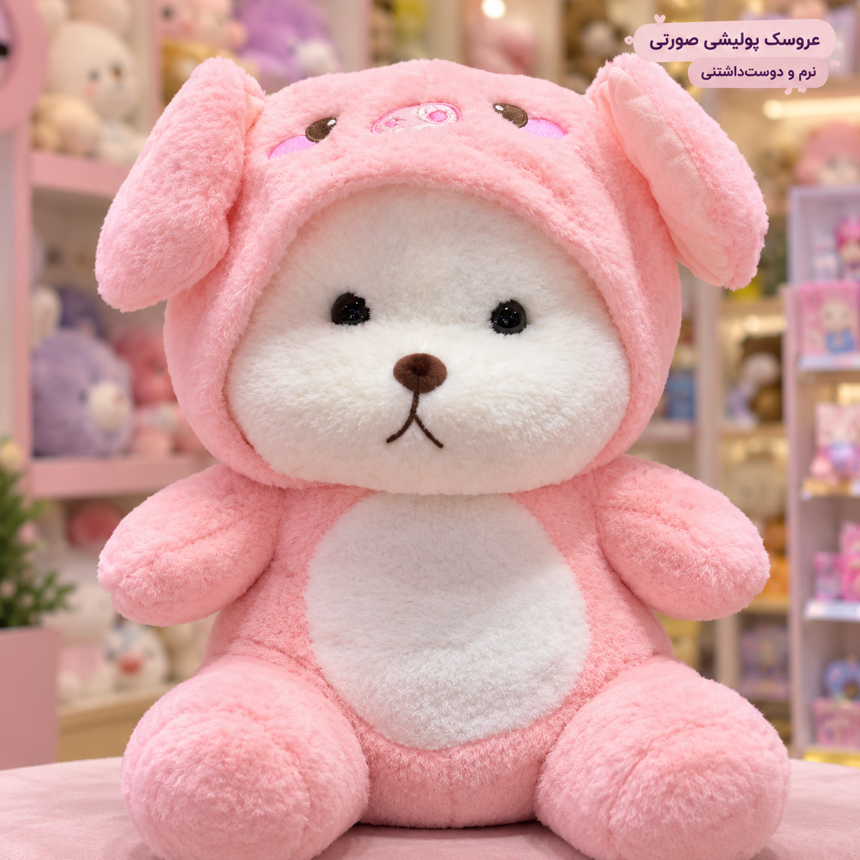 عروسک خرس دو چهره لباس خوکی صورتی ۴۵ سانتی‌متری